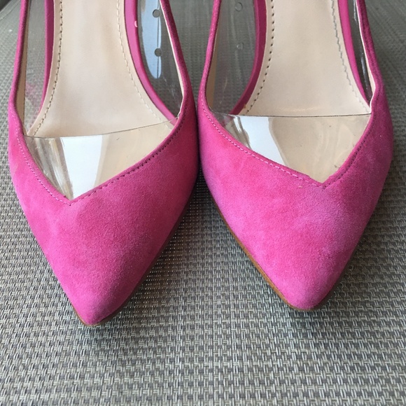 GUESS Pink Suede Clear Lucite Trim Japeen Pumps Heels 7.5 - Picture 6 of 12